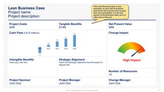 Change Impact
High Impact
Net Present Value
$8M
Number of Resources
12
Change Manager
John Doe
Cash Flow (US $ millions)
Project Sponsor
John Doe
Intangible Benefits
Insert your own text
Project Costs
$4M
Tangible Benefits
$14M
Project Manager
John Doe
Strategic Alignment
Insert the Strategic Objectives that the project is
aligned with
Lean Business Case
Project name:
Project description:
43
(5.1)
1.8
4.6
6.9
9.9
Year 1 Year 2 Year 3 Year 4 Year 5
This Lean Business Case is very
important, as your CEO and Senior
executives may not have time to deep
dive into more details. It is the first
section of the Business Case, but it is
often done at the end.
Part of the Management Consulting Toolkit
 