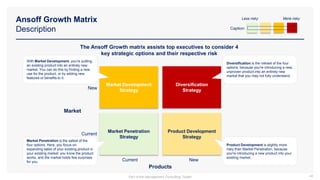 Ansoff Growth Matrix
Description
48
The Ansoff Growth matrix assists top executives to consider 4
key strategic options and their respective risk
Market Development
Strategy
Diversification
Strategy
Product Development
Strategy
Market Penetration
Strategy
Current New
New
Current
Market
With Market Development, you're putting
an existing product into an entirely new
market. You can do this by finding a new
use for the product, or by adding new
features or benefits to it.
Diversification is the riskiest of the four
options, because you're introducing a new,
unproven product into an entirely new
market that you may not fully understand.
Market Penetration is the safest of the
four options. Here, you focus on
expanding sales of your existing product in
your existing market: you know the product
works, and the market holds few surprises
for you.
Product Development is slightly more
risky than Market Penetration, because
you're introducing a new product into your
existing market.
Caption:
Less risky More risky
Products
Part of the Management Consulting Toolkit
 