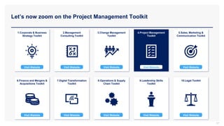 Let’s now zoom on the Project Management Toolkit
1.Corporate & Business
Strategy Toolkit
2.Management
Consulting Toolkit
3.Change Management
Toolkit
4.Project Management
Toolkit
5.Sales, Marketing &
Communication Toolkit
6.Finance and Mergers &
Acquisitions Toolkit
7.Digital Transformation
Toolkit
8.Operations & Supply
Chain Toolkit
9.Leadership Skills
Toolkit
10.Legal Toolkit
57
Visit Website Visit Website Visit Website Visit Website Visit Website
Visit Website Visit Website Visit Website Visit Website
Visit Website
 