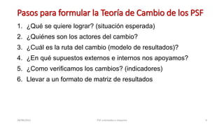 Pasos para formular la Teoría de Cambio de los PSF
1. ¿Qué se quiere lograr? (situación esperada)
2. ¿Quiénes son los actores del cambio?
3. ¿Cuál es la ruta del cambio (modelo de resultados)?
4. ¿En qué supuestos externos e internos nos apoyamos?
5. ¿Como verificamos los cambios? (indicadores)
6. Llevar a un formato de matriz de resultados
28/08/2022 PSF orientados a impactos 9
 