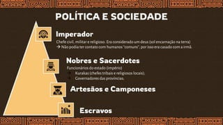 POLÍTICA E SOCIEDADE
Imperador
Nobres e Sacerdotes
Artesãos e Camponeses
Escravos
Chefe civil, militar e religioso. Era considerado umdeus (sol encarnação na terra)
 Não podia ter contato com humanos “comuns”,por isso era casado com a irmã.
Funcionários do estado (império)
 Kurakas(chefes tribais e religiosos locais);
 Governadores das províncias;
 