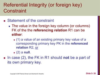 Copyright © 2007 Ramez Elmasri and Shamkant B. Navathe Slide 5- 30
Referential Integrity (or foreign key)
Constraint
 Statement of the constraint
 The value in the foreign key column (or columns)
FK of the the referencing relation R1 can be
either:
 (1) a value of an existing primary key value of a
corresponding primary key PK in the referenced
relation R2, or
 (2) a null.
 In case (2), the FK in R1 should not be a part of
its own primary key.
 