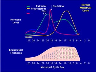 0
2
4
6
8
10
12
14
16
18
20
22
24
26
28
Hormone
Level
Estradiol
Progesterone
FSH
LH
Menstrual Cycle Day
Ovulation
Endometrial
Thickness
0
2
4
6
8
10
12
14
16
18
20
22
24
26
28
Normal
Menstrual
Cycle
 
