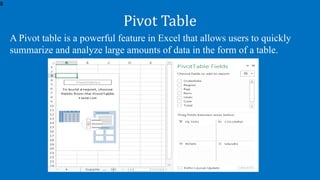 A Pivot table is a powerful feature in Excel that allows users to quickly
summarize and analyze large amounts of data in the form of a table.
Pivot Table
8
 