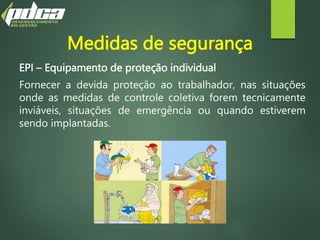 EPI – Equipamento de proteção individual
Fornecer a devida proteção ao trabalhador, nas situações
onde as medidas de controle coletiva forem tecnicamente
inviáveis, situações de emergência ou quando estiverem
sendo implantadas.
Medidas de segurança
 