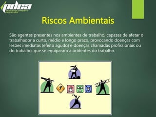 Riscos Ambientais
São agentes presentes nos ambientes de trabalho, capazes de afetar o
trabalhador a curto, médio e longo prazo, provocando doenças com
lesões imediatas (efeito agudo) e doenças chamadas profissionais ou
do trabalho, que se equiparam a acidentes do trabalho.
 