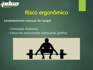 Risco ergonômico
Levantamento manual de cargas
Contração dinâmica
Força nas articulações adequadas (joelho)
 