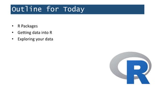 Outline for Today
• R Packages
• Getting data into R
• Exploring your data
 