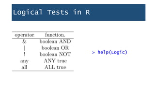 Logical Tests in R
> help(Logic)
 