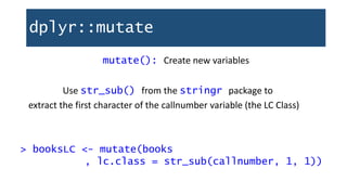 dplyr::mutate
mutate(): Create new variables
> booksLC <- mutate(books
, lc.class = str_sub(callnumber, 1, 1))
extract the first character of the callnumber variable (the LC Class)
Use str_sub() from the stringr package to
 