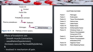 Effects of bradykinin are:
- Smooth muscle Contraction,
- vasodilation(hypotension),
-Increases vascular Permeability(edema),
&
- Involved in mechanism of pain.
 