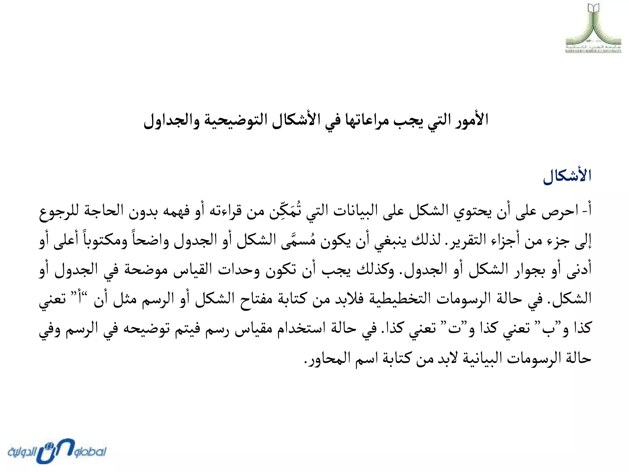 ‫وألجدأول‬ ‫ألتوضيحية‬‫شكال‬‫أال‬ ‫في‬‫أعاتها‬‫ر‬‫م‬‫يجب‬ ‫ألتي‬ ‫ر‬‫مو‬‫أال‬
‫شكال‬‫أال‬
‫ا‬
-
‫احرص‬
‫على‬
‫ن‬‫ا‬
‫يحتوي‬
‫الشكل‬
‫على‬
‫البيانات‬
‫التي‬
‫ن‬ِ
ّ‫ك‬َ‫م‬ُ‫ت‬
‫من‬
‫اءته‬‫ر‬‫ق‬
‫و‬‫ا‬
‫فهمه‬
‫ب‬
‫دون‬
‫الحاجة‬
‫للرجوع‬
‫إلى‬
‫جزء‬
‫من‬
‫اء‬‫ز‬‫ج‬‫ا‬
‫التقرير‬
.
‫لذلك‬
‫ينبغي‬
‫ن‬‫ا‬
‫يكون‬
‫ى‬َّ‫سم‬ ُ‫م‬
‫الشكل‬
‫و‬‫ا‬
‫الجدول‬
‫واضحا‬
‫توبا‬‫ومك‬
‫على‬‫ا‬
‫و‬‫ا‬
‫دنى‬‫ا‬
‫و‬‫ا‬
‫بجوار‬
‫الشكل‬
‫و‬‫ا‬
‫الجدول‬
.
‫وكذلك‬
‫يجب‬
‫ن‬‫ا‬
‫تكون‬
‫وحدات‬
‫القياس‬
‫موضحة‬
‫في‬
‫الجد‬
‫ول‬
‫و‬‫ا‬
‫الشكل‬
.
‫في‬
‫حالة‬
‫الرسومات‬
‫التخطيطية‬
‫فالبد‬
‫من‬
‫تابة‬‫ك‬
‫مفتاح‬
‫الشكل‬
‫و‬‫ا‬
‫الرسم‬
‫مث‬
‫ل‬
‫ن‬‫ا‬
“
‫ا‬
”
‫تعني‬
‫كذا‬
‫و‬
”
‫ب‬
”
‫تعني‬
‫كذا‬
‫و‬
”
‫ت‬
”
‫تعني‬
‫كذا‬
.
‫في‬
‫حالة‬
‫استخدام‬
‫مقياس‬
‫رسم‬
‫فيتم‬
‫توضيحه‬
‫ف‬
‫ي‬
‫الرسم‬
‫وفي‬
‫حالة‬
‫الرسومات‬
‫البيانية‬
‫البد‬
‫من‬
‫تابة‬‫ك‬
‫اسم‬
‫ر‬‫المحاو‬
.
 