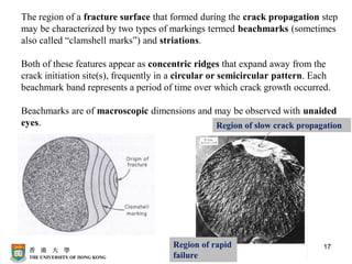 17
The region of a fracture surface that formed during the crack propagation step
may be characterized by two types of markings termed beachmarks (sometimes
also called “clamshell marks”) and striations.
Both of these features appear as concentric ridges that expand away from the
crack initiation site(s), frequently in a circular or semicircular pattern. Each
beachmark band represents a period of time over which crack growth occurred.
Beachmarks are of macroscopic dimensions and may be observed with unaided
eyes.
Region of rapid
failure
Region of slow crack propagation
 