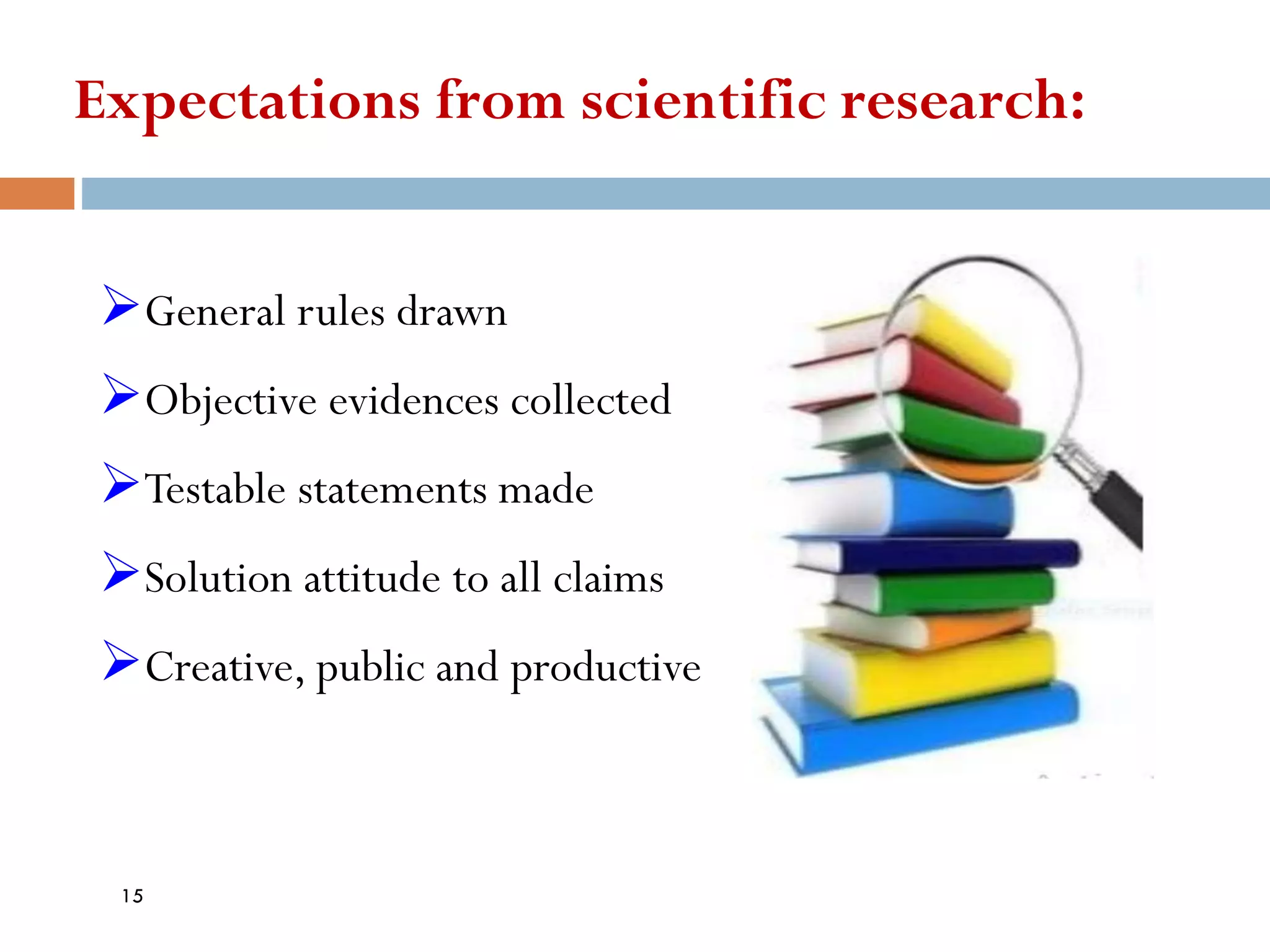 Expectations from scientific research:
➢General rules drawn
➢Objective evidences collected
➢Testable statements made
➢Solution attitude to all claims
➢Creative, public and productive
15
 