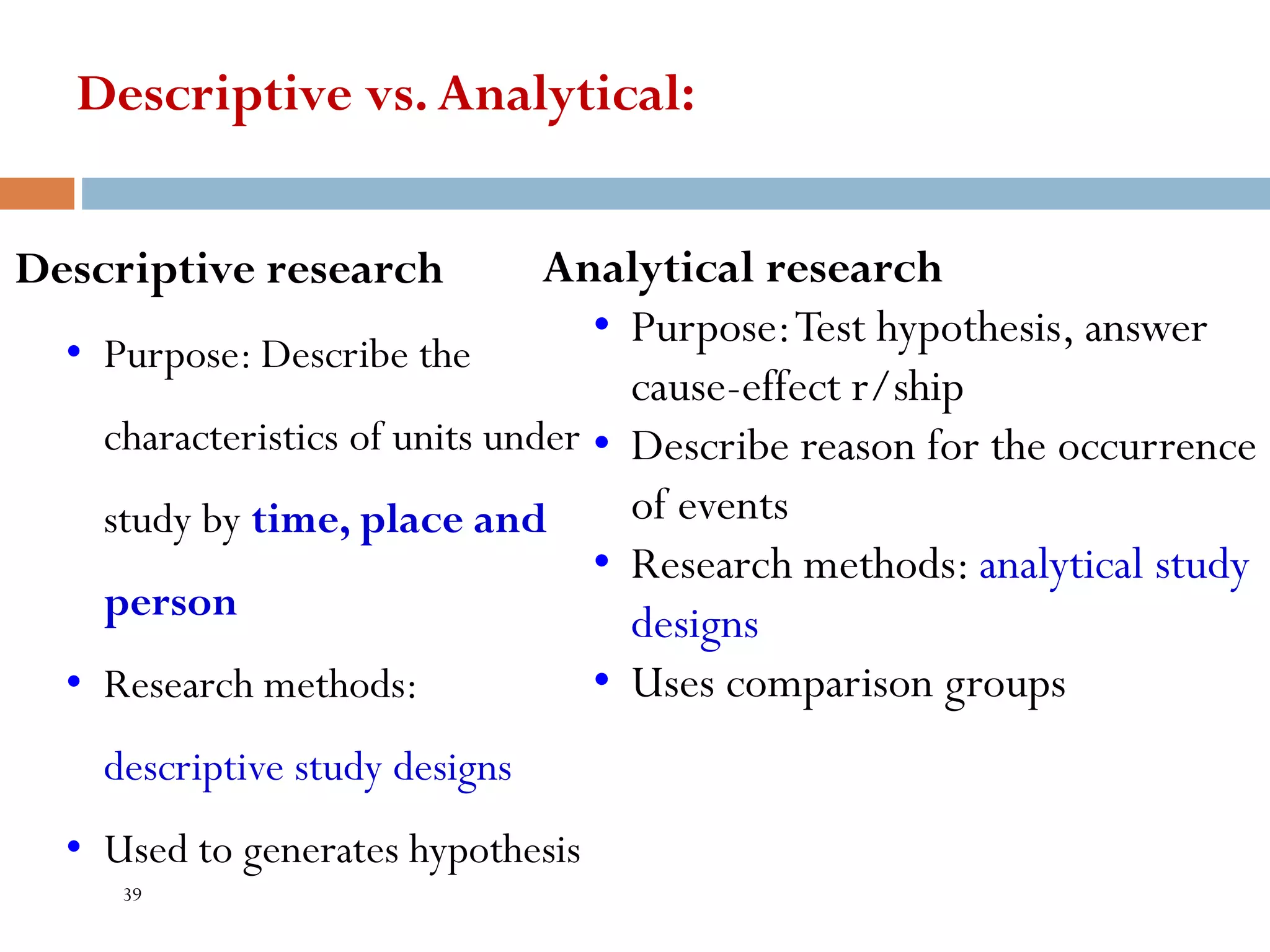 Descriptive vs.Analytical:
Descriptive research
• Purpose: Describe the
characteristics of units under
study by time, place and
person
• Research methods:
descriptive study designs
• Used to generates hypothesis
Analytical research
• Purpose:Test hypothesis, answer
cause-effect r/ship
• Describe reason for the occurrence
of events
• Research methods: analytical study
designs
• Uses comparison groups
39
 