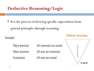 Deductive Reasoning/Logic
• It is the process of deriving specific expectations from
general principles through reasoning.
11
 