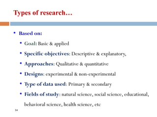 Types of research…
• Based on:
• Goal: Basic & applied
• Specific objectives: Descriptive & explanatory,
• Approaches: Qualitative & quantitative
• Designs: experimental & non-experimental
• Type of data used: Primary & secondary
• Fields of study: natural science, social science, educational,
behavioral science, health science, etc
34
 