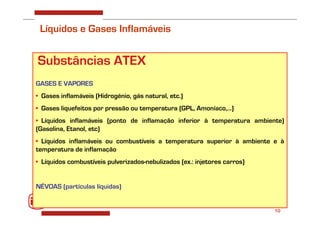 10
GASES E VAPORES
• Gases inflamáveis (Hidrogénio, gás natural, etc.)
• Gases liquefeitos por pressão ou temperatura (GPL, Amoníaco,...)
• Líquidos inflamáveis (ponto de inflamação inferior à temperatura ambiente)
(Gasolina, Etanol, etc)
• Líquidos inflamáveis ou combustíveis a temperatura superior à ambiente e à
temperatura de inflamação
• Líquidos combustíveis pulverizados-nebulizados (ex.: injetores carros)
NÉVOAS (partículas líquidas)
Substâncias ATEX
Líquidos e Gases Inflamáveis
 