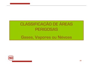 22
CLASSIFICAÇÃO DE ÁREAS
PERIGOSAS
Gases, Vapores ou Névoas
 
