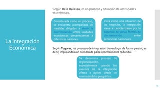 La Integración
Económica
Según Bela Balassa, es un proceso y situación de actividades
económicas.
13
Considerada como un proceso,
se encuentra acompañada de
medidas dirigidas a abolir la
discriminación entre unidades
económicas pertenecientes a
diferentes naciones.
Vista como una situación de
los negocios, la integración
viene a caracterizarse por la
ausencia de varias formas de
discriminación entre
economías nacionales.
Se denomina proceso de
regionalización,
especialmente cuando los
avances de la integración
afecta a países desde un
mismo ámbito geográfico.
Según Tugores, los procesos de integración tienen lugar de forma parcial, es
decir, implicando a un número de países normalmente reducido.
 