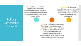 Política
Comercial en
Colombia
22
Se buscaba incrementar las
exportaciones a través de la
adopción de exenciones tributarias,
manejo de la tasa de cambio y de los
sistemas especiales de importación
y exportación.
En 1959 se estableció un sistemas de
fomento que empezaría a actuar en
1961, el PlanVallejo que inicialmente
buscaba una liberación arancelaria
para aquellas empresas que
importaran materias primas e
insumos, bajo la condición de exportar
esas materias primas transformadas
Desde 1985 la economía
colombiana comienza a ajustar las
variables macroeconómicas que le
permiten adecuarse a las nuevas
condiciones del mercado
internacional.
 
