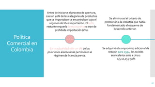 Política
Comercial en
Colombia
26
Antes de iniciarse el proceso de apertura,
casi un 40% de las categorías de productos
que se importaban se encontraban bajo el
régimen de libre importación. El 60%
restante requería licencia previa o eran de
prohibida importación (1%).
En la actualidad sólo un 3% de las
posiciones arancelarias pertenecen al
régimen de licencia previa.
Se elimina así el criterio de
protección a la industria que había
fundamentado el esquema de
desarrollo anterior.
Se adquirió el compromiso adicional de
reducir, para 1994, los niveles
arancelarios sólo a cinco:
0,5,10,15 y 50%
 