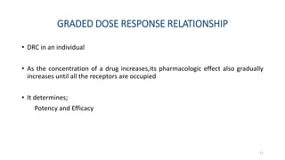 GRADED DOSE RESPONSE RELATIONSHIP
• DRC in an individual
• As the concentration of a drug increases,its pharmacologic effect also gradually
increases until all the receptors are occupied
• It determines;
Potency and Efficacy
11
 