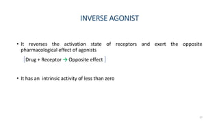 INVERSE AGONIST
• It reverses the activation state of receptors and exert the opposite
pharmacological effect of agonists
[Drug + Receptor → Opposite effect ]
• It has an intrinsic activity of less than zero
27
 