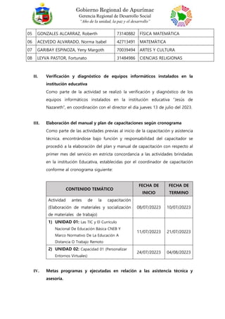 Gobierno Regional de Apurímac
Gerencia Regional de Desarrollo Social
“Año de la unidad, la paz y el desarrollo”
05 GONZALES ALCARRAZ, Roberth 73140882 FÍSICA MATEMÁTICA
06 ACEVEDO ALVARADO, Norma Isabel 42713491 MATEMÁTICA
07 GARIBAY ESPINOZA, Yeny Margoth 70039494 ARTES Y CULTURA
08 LEYVA PASTOR, Fortunato 31484986 CIENCIAS RELIGIONAS
II. Verificación y diagnóstico de equipos informáticos instalados en la
institución educativa
Como parte de la actividad se realizó la verificación y diagnóstico de los
equipos informáticos instalados en la institución educativa “Jesús de
Nazareth”, en coordinación con el director el día jueves 13 de julio del 2023.
III. Elaboración del manual y plan de capacitaciones según cronograma
Como parte de las actividades previas al inicio de la capacitación y asistencia
técnica. encontrándose bajo función y responsabilidad del capacitador se
procedió a la elaboración del plan y manual de capacitación con respecto al
primer mes del servicio en estricta concordancia a las actividades brindadas
en la institución Educativa, establecidas por el coordinador de capacitación
conforme al cronograma siguiente:
CONTENIDO TEMÁTICO
FECHA DE
INICIO
FECHA DE
TERMINO
Actividad antes de la capacitación
(Elaboración de materiales y socialización
de materiales de trabajo)
08/07/20223 10/07/20223
1) UNIDAD 01: Las TIC y El Currículo
Nacional De Educación Básica CNEB Y
Marco Normativo De La Educación A
Distancia O Trabajo Remoto
11/07/20223 21/07/20223
2) UNIDAD 02: Capacidad 01 (Personalizar
Entornos Virtuales)
24/07/20223 04/08/20223
IV. Metas programas y ejecutadas en relación a las asistencia técnica y
asesoría.
 