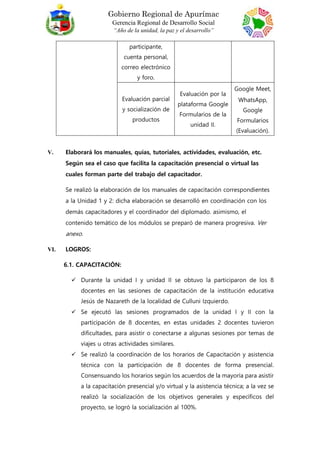 Gobierno Regional de Apurímac
Gerencia Regional de Desarrollo Social
“Año de la unidad, la paz y el desarrollo”
participante,
cuenta personal,
correo electrónico
y foro.
Evaluación parcial
y socialización de
productos
Evaluación por la
plataforma Google
Formularios de la
unidad II.
Google Meet,
WhatsApp,
Google
Formularios
(Evaluación).
V. Elaborará los manuales, quías, tutoriales, actividades, evaluación, etc.
Según sea el caso que facilita la capacitación presencial o virtual las
cuales forman parte del trabajo del capacitador.
Se realizó la elaboración de los manuales de capacitación correspondientes
a la Unidad 1 y 2: dicha elaboración se desarrolló en coordinación con los
demás capacitadores y el coordinador del diplomado. asimismo, el
contenido temático de los módulos se preparó de manera progresiva. Ver
anexo.
VI. LOGROS:
6.1. CAPACITACIÓN:
 Durante la unidad I y unidad II se obtuvo la participaron de los 8
docentes en las sesiones de capacitación de la institución educativa
Jesús de Nazareth de la localidad de Culluni Izquierdo.
 Se ejecutó las sesiones programados de la unidad I y II con la
participación de 8 docentes, en estas unidades 2 docentes tuvieron
dificultades, para asistir o conectarse a algunas sesiones por temas de
viajes u otras actividades similares.
 Se realizó la coordinación de los horarios de Capacitación y asistencia
técnica con la participación de 8 docentes de forma presencial.
Consensuando los horarios según los acuerdos de la mayoría para asistir
a la capacitación presencial y/o virtual y la asistencia técnica; a la vez se
realizó la socialización de los objetivos generales y específicos del
proyecto, se logró la socialización al 100%.
 