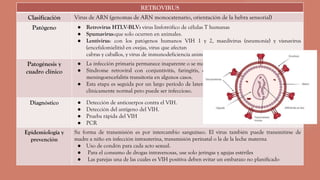 RETROVIRUS
Clasificación Virus de ARN (genomas de ARN monocatenario, orientación de la hebra sensorial)
Patógeno ● Retrovirus HTLV-BLV: virus linfotrófico de células T humanas
● Spumavirus:que solo ocurren en animales.
● Lentivirus: con los patógenos humanos VIH 1 y 2, maedivirus (neumonía) y visnavirus
(encefalomielitis) en ovejas, virus que afectan
cabras y caballos, y virus de inmunodeficiencia animal.
Patogénesis y
cuadro clínico
● La infección primaria permanece inaparente o se manifiesta como "aguda".
● Síndrome retroviral con conjuntivitis, faringitis, exantema y linfadenopatía, así como una
meningoencefalitis transitoria en algunos casos.
● Esta etapa es seguida por un largo período de latencia clínica, durante el cual el portador está
clínicamente normal pero puede ser infeccioso.
Diagnóstico ● Detección de anticuerpos contra el VIH.
● Detección del antígeno del VIH.
● Prueba rápida del VIH
● PCR
Epidemiología y
prevención
Su forma de transmisión es por intercambio sanguíneo. El virus también puede transmitirse de
madre a niño en infección intrauterina, transmisión perinatal o la de la leche materna
● Uso de condón para cada acto sexual.
● Para el consumo de drogas intravenosas, use solo jeringas y agujas estériles
● Las parejas una de las cuales es VIH positiva deben evitar un embarazo no planificado
 
