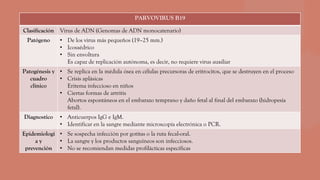 PARVOVIRUS B19
Clasificación Virus de ADN (Genomas de ADN monocatenario)
Patógeno • De los virus más pequeños (19–25 mm.)
• Icosaédrico
• Sin envoltura
Es capaz de replicación autónoma, es decir, no requiere virus auxiliar
Patogénesis y
cuadro
clínico
• Se replica en la médula ósea en células precursoras de eritrocitos, que se destruyen en el proceso
• Crisis aplásicas
Eritema infeccioso en niños
• Ciertas formas de artritis
Abortos espontáneos en el embarazo temprano y daño fetal al final del embarazo (hidropesía
fetal).
Diagnostico • Anticuerpos IgG e IgM.
• Identificar en la sangre mediante microscopía electrónica o PCR.
Epidemiologi
a y
prevención
• Se sospecha infección por gotitas o la ruta fecal-oral.
• La sangre y los productos sanguíneos son infecciosos.
• No se recomiendan medidas profilácticas específicas
 
