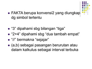  FAKTA berupa konvensi2 yang diungkap
dg simbol tertentu
 “3” dipahami sbg bilangan “tiga”
 “2+4” dipahami sbg “dua tambah empat”
 “//” bermakna “sejajar”
 (a,b) sebagai pasangan berurutan atau
dalam kalkulus sebagai interval terbuka
 