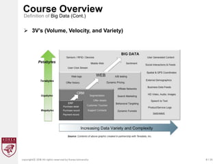 8 / 20
copyrightⓒ 2018 All rights reserved by Korea University
Course Overview
Definition of Big Data (Cont.)
 3V’s (Volume, Velocity, and Variety)
 