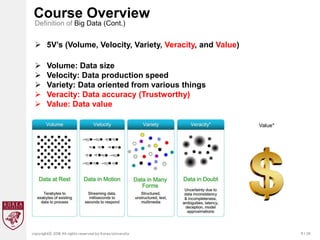 9 / 20
copyrightⓒ 2018 All rights reserved by Korea University
Course Overview
Definition of Big Data (Cont.)
 5V’s (Volume, Velocity, Variety, Veracity, and Value)
 Volume: Data size
 Velocity: Data production speed
 Variety: Data oriented from various things
 Veracity: Data accuracy (Trustworthy)
 Value: Data value
Value*
 