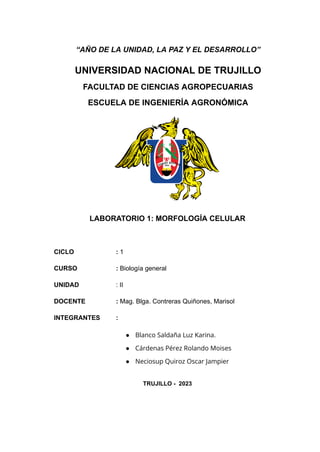 “AÑO DE LA UNIDAD, LA PAZ Y EL DESARROLLO”
UNIVERSIDAD NACIONAL DE TRUJILLO
FACULTAD DE CIENCIAS AGROPECUARIAS
ESCUELA DE INGENIERÍA AGRONÓMICA
LABORATORIO 1: MORFOLOGÍA CELULAR
CICLO : 1
CURSO : Biología general
UNIDAD : II
DOCENTE : Mag. Blga. Contreras Quiñones, Marisol
INTEGRANTES :
● Blanco Saldaña Luz Karina.
● Cárdenas Pérez Rolando Moises
● Neciosup Quiroz Oscar Jampier
TRUJILLO - 2023
 