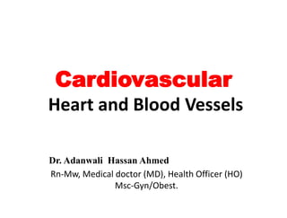 Cardiovascular
Heart and Blood Vessels
Dr. Adanwali Hassan Ahmed
Rn-Mw, Medical doctor (MD), Health Officer (HO)
Msc-Gyn/Obest.
 