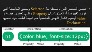 •
‫إال‬‫إ‬‫ب‬ ‫إيقه‬‫إ‬‫تنس‬ ‫إراد‬‫إ‬‫الم‬ ‫إر‬‫إ‬‫العنص‬ ‫إمي‬‫إ‬‫نس‬
Selector
‫إي‬‫إ‬‫الت‬ ‫إية‬‫إ‬‫الخاص‬ ‫إمي‬‫إ‬‫ونس‬
‫بإإإال‬ ‫تعيينهإإإا‬ ‫فو‬ ‫تغييرهإإإا‬ ‫نريإإإد‬
Property
‫فو‬ ‫يمإإإة‬ ‫نعطيهإإإا‬ ‫والتإإإي‬
value
‫ن‬ ‫كإود‬ ‫طعإة‬ ‫القيمإة‬ ‫مإع‬ ‫للخاصإية‬ ‫النهائي‬ ‫الشكل‬ ‫ليصبح‬
‫سإميها‬
Declaration
 