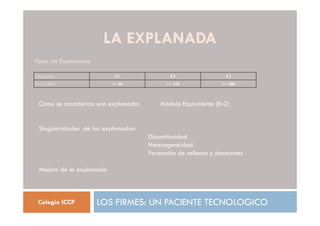 LA EXPLANADA
LOS FIRMES: UN PACIENTE TECNOLOGICO
Colegio ICCP
Tipos de Explanada:
Categorias E1 E2 E3
Ev2 (MPa) >= 60 >= 120 >= 300
Cómo se caracteriza una explanada: Módulo Equivalente (Ev2)
Singularidades de las explanadas:
Discontinuidad
Heterogeneidad
Formación de rellenos y desmontes
Mejora de la explanada
 
