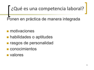 Ponen en práctica de manera integrada
 motivaciones
 habilidades o aptitudes
 rasgos de personalidad
 conocimientos
 valores
¿Qué es una competencia laboral?
12
 