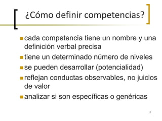  cada competencia tiene un nombre y una
definición verbal precisa
 tiene un determinado número de niveles
 se pueden desarrollar (potencialidad)
 reflejan conductas observables, no juicios
de valor
 analizar si son específicas o genéricas
¿Cómo definir competencias?
17
 