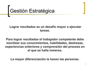 Gestión Estratégica
Lograr resultados es un desafío mayor a ejecutar
tareas.
Para lograr resultados el trabajador competente debe
movilizar sus conocimientos, habilidades, destrezas,
experiencias anteriores y comprensión del proceso en
el que se halla inmerso.
La mayor diferenciación la hacen las personas.
7
 