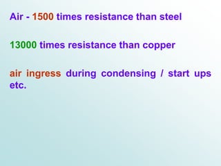 Air - 1500 times resistance than steel
13000 times resistance than copper
air ingress during condensing / start ups
etc.
 