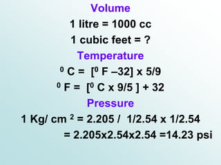 Volume
1 litre = 1000 cc
1 cubic feet = ?
Temperature
0 C = [0 F –32] x 5/9
0 F = [0 C x 9/5 ] + 32
Pressure
1 Kg/ cm 2 = 2.205 / 1/2.54 x 1/2.54
= 2.205x2.54x2.54 =14.23 psi
 