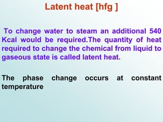 Latent heat [hfg ]
To change water to steam an additional 540
Kcal would be required.The quantity of heat
required to change the chemical from liquid to
gaseous state is called latent heat.
The phase change occurs at constant
temperature
 