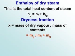 Enthalpy of dry steam
This is the total heat content of steam
hg = hf + hfg
Dryness fraction
x = mass of dry vapour / mass of
contents
= mg / mf + mg
 