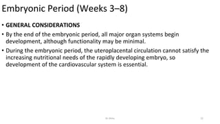Embryonic Period (Weeks 3–8)
• GENERAL CONSIDERATIONS
• By the end of the embryonic period, all major organ systems begin
development, although functionality may be minimal.
• During the embryonic period, the uteroplacental circulation cannot satisfy the
increasing nutritional needs of the rapidly developing embryo, so
development of the cardiovascular system is essential.
Dr.Shitu 22
 
