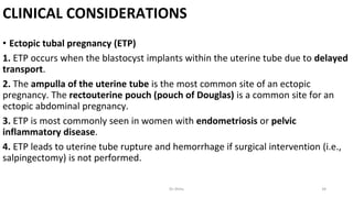 CLINICAL CONSIDERATIONS
• Ectopic tubal pregnancy (ETP)
1. ETP occurs when the blastocyst implants within the uterine tube due to delayed
transport.
2. The ampulla of the uterine tube is the most common site of an ectopic
pregnancy. The rectouterine pouch (pouch of Douglas) is a common site for an
ectopic abdominal pregnancy.
3. ETP is most commonly seen in women with endometriosis or pelvic
inflammatory disease.
4. ETP leads to uterine tube rupture and hemorrhage if surgical intervention (i.e.,
salpingectomy) is not performed.
Dr.Shitu 34
 