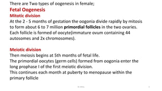There are Two types of oogenesis in female;
Fetal Oogenesis
Mitotic division
At the 2 - 5 months of gestation the oogonia divide rapidly by mitosis
to form about 6 to 7 million primordial follicles in the two ovaries.
Each follicle is formed of oocyte(immature ovum containing 44
autosomes and 2x chromosomes).
Meiotic division
Then meiosis begins at 5th months of fetal life.
The primordial oocytes (germ cells) formed from oogonia enter the
long prophase I of the first meiotic division.
This continues each month at puberty to menopause within the
primary follicle
Dr.Shitu 5
 