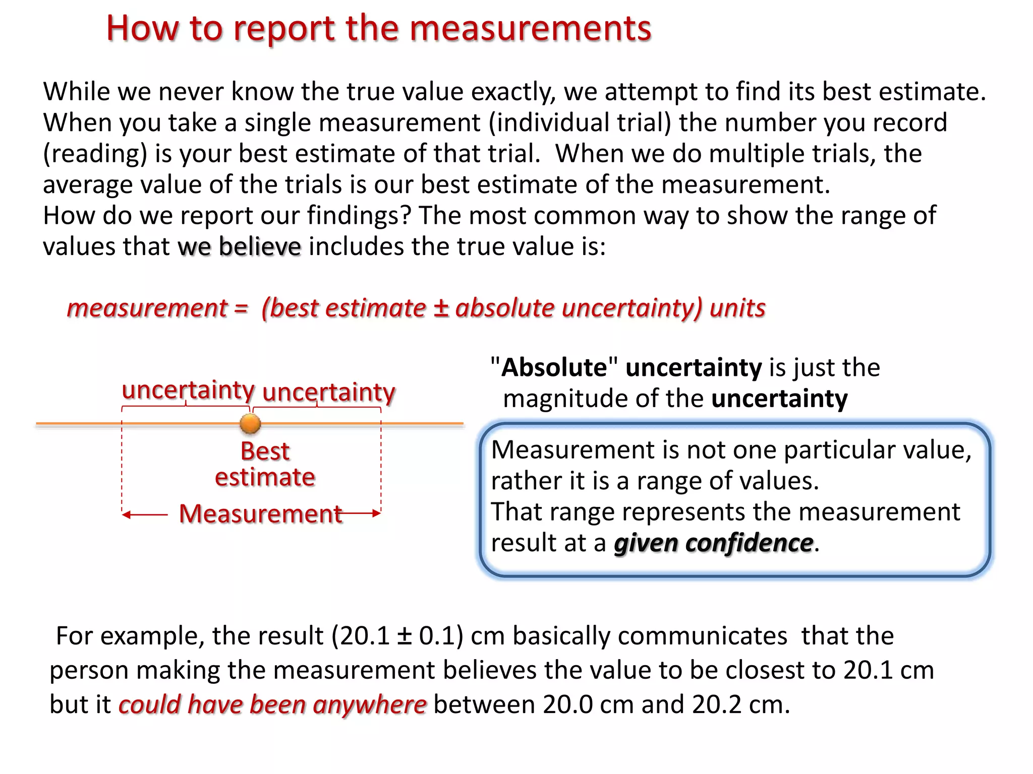 While we never know the true value exactly, we attempt to find its best estimate.
When you take a single measurement (individual trial) the number you record
(reading) is your best estimate of that trial. When we do multiple trials, the
average value of the trials is our best estimate of the measurement.
How do we report our findings? The most common way to show the range of
values that we believe includes the true value is:
uncertainty
Best
estimate
uncertainty
Measurement
For example, the result (20.1 ± 0.1) cm basically communicates that the
person making the measurement believes the value to be closest to 20.1 cm
but it could have been anywhere between 20.0 cm and 20.2 cm.
Measurement is not one particular value,
rather it is a range of values.
That range represents the measurement
result at a given confidence.
measurement = (best estimate ± absolute uncertainty) units
"Absolute" uncertainty is just the
magnitude of the uncertainty
How to report the measurements
 
